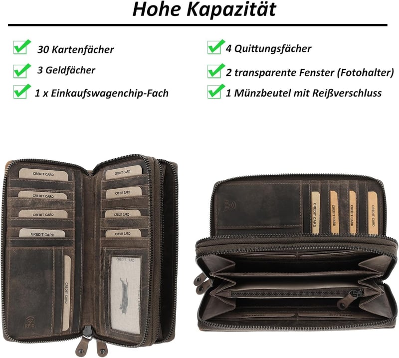 TAN.TOMI női bőr pénztárca RFID védelemmel dupla cipzárral sötétbarna