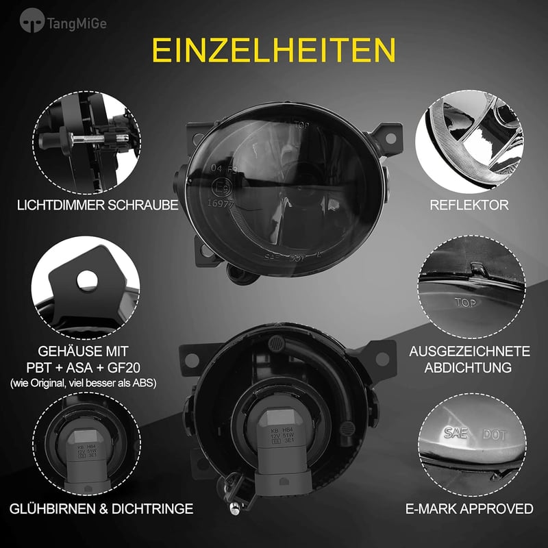 TangMiGe Füstös Fekete Ködlámpa Szett Volkswagen Golf V, Jetta III, Scirocco, SEAT Mii, Skoda Citigo Modellekhez - E-MARK Tanúsított, 51W
