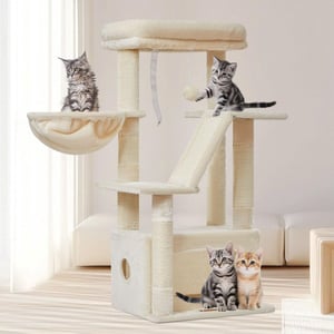 Ansamblu de joacă pentru pisici Taoqimiao MS029SM, 98 cm, 4 stâlpi de zgâriat, căsuță, culcuș, placă de zgâriat, mingiuțe de pluș, bej