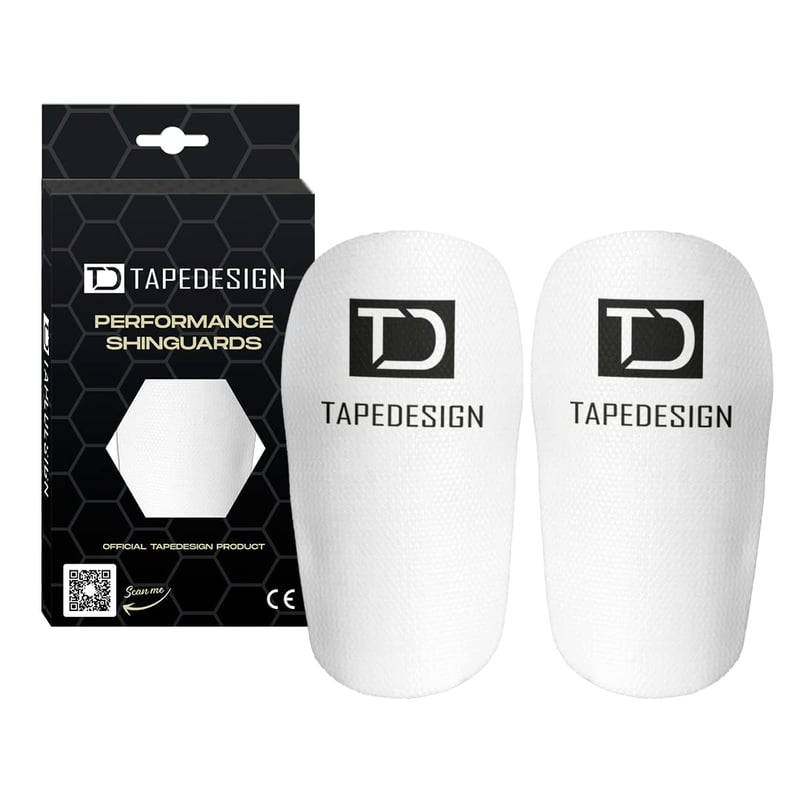 Apărători de tibie Tapedesign Performance 2.0 pentru bărbați, femei și copii, alb, pentru fotbal, reglabile individual, antiderapante, inserție pentru apărători de fotbal