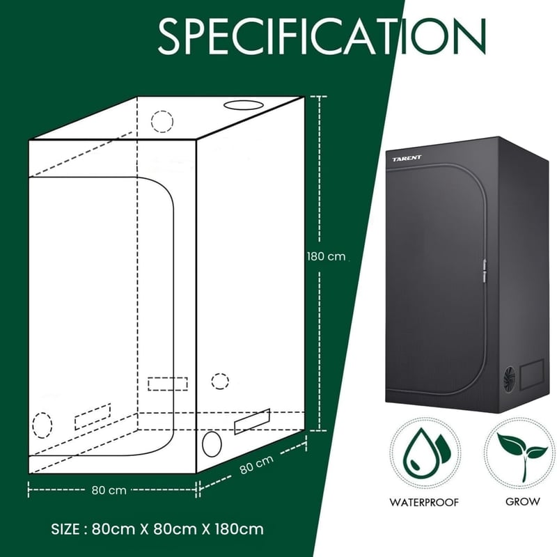 Tarent 80x80x180 cm Grow Tent Vízálló Tálcával Hidroponika Növénytermesztéshez