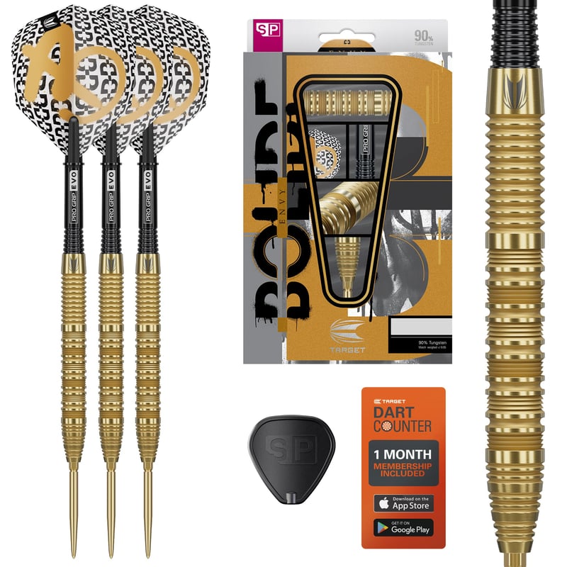 Target Darts Bolide Envy 01 90% Volfrámové šípky s oceľovými hrotmi Swiss Point 25g | Pro Ultra Nr. 6 letky a Pro Grip EVO násadky, zlaté hroty Swiss Points a nástroj SP Tool