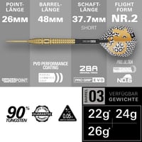 Sada šípok Target Darts Bolide Envy 03 90% volfrám so Swiss Point oceľovými hrotmi, 24G | Letky Pro Ultra č. 6 a násadky Pro Grip EVO, zlaté Swiss Point hroty a nástroj SP Tool 2