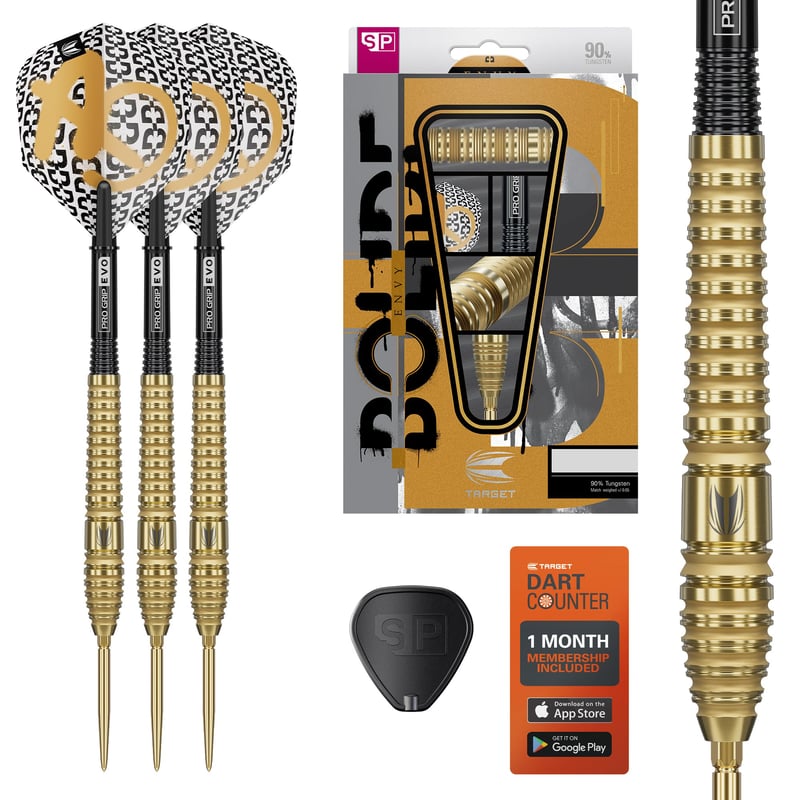 Sada šípok Target Darts Bolide Envy 03 90% volfrám so Swiss Point oceľovými hrotmi, 24G | Letky Pro Ultra č. 6 a násadky Pro Grip EVO, zlaté Swiss Point hroty a nástroj SP Tool