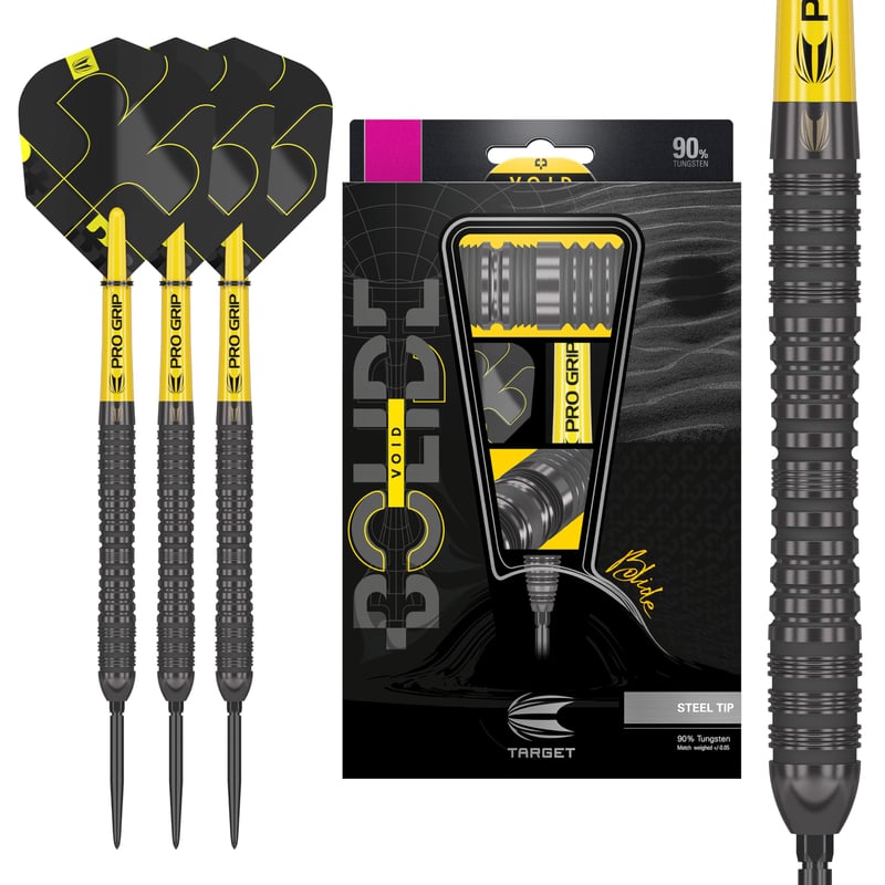 Sada šípok Target Darts Bolide Void 90% volfrám, oceľové hroty Swiss Point, 21g/22g/23g/24g/25g, čierne, profesionálna sada šípok, vrátane nástroja Swiss Point