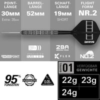 Sada šípok Target Darts Chris Dobey 95K Steel Tip 22G/23G/24G – s letkami a násadkami K-Flex No.2, striebornými hrotmi Swiss GRD a nástrojom SP – edícia pre profesionálnych hráčov 3
