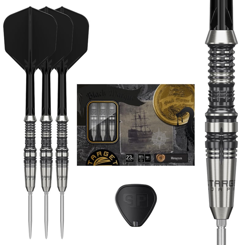 Sada oceľových šípok Target Darts Japan Black Marque Heracles 23g | 90% volfrám, letky a násadky K-Flex č. 6, hroty Nano Swiss Point, Daniel Chen