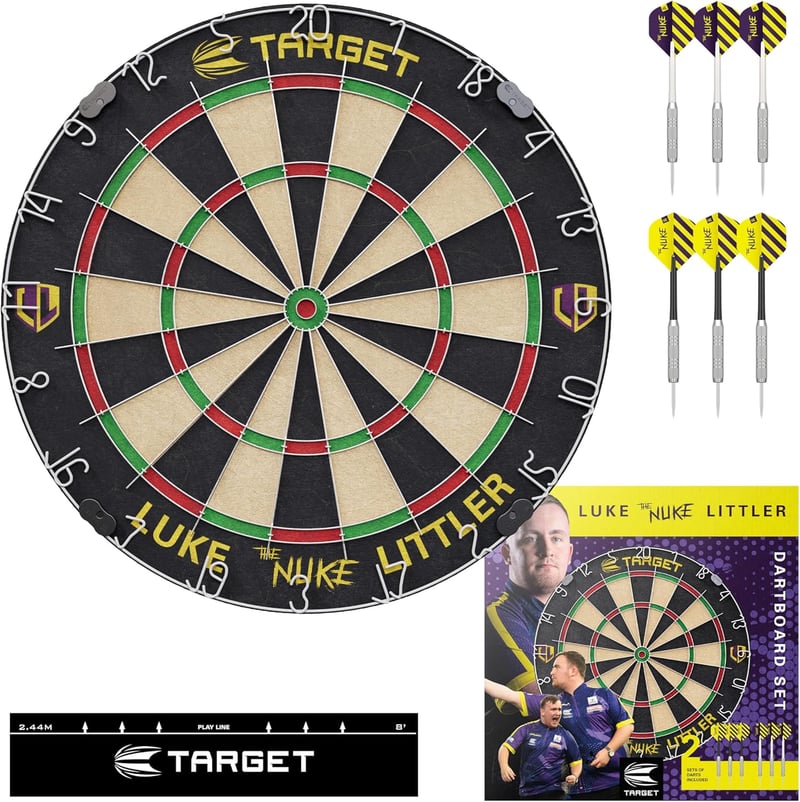 Target Darts Profi Dartboard Szett Luke Littler Edícióval - Steel Dart Nyilakkal és Verseny Vonallal