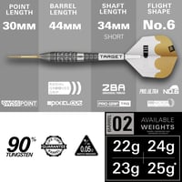 Target Darts Redux 90% volfrámové šípky so systémom Swiss Point, oceľový hrot (Barrel 01/02/03) 22G-26G | Letky Pro Ultra No.6, násadky Pro Grip Tag, hroty DX Gold 2