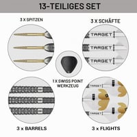 Sada šípok Target Darts Redux 90 % Wolfram so špičkami Swiss Point (Barrel 03) 24 g | Letky Pro Ultra Nr.6 a násadky Pro Grip, zlaté hroty DX Points a nástroj SP 4