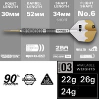 Sada šípok Target Darts Redux 90 % Wolfram so špičkami Swiss Point (Barrel 03) 24 g | Letky Pro Ultra Nr.6 a násadky Pro Grip, zlaté hroty DX Points a nástroj SP 2