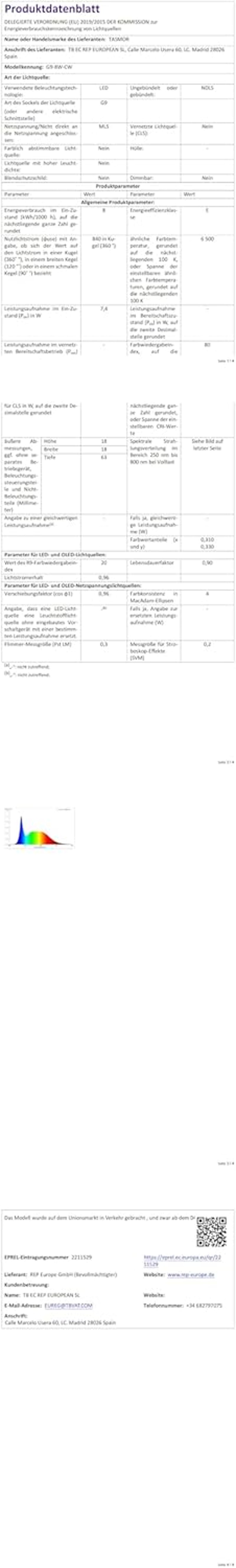 TASMOR G9 LED 8W Hidegfehér 6500K 840 Lumen 5 db - Energiatakarékos
