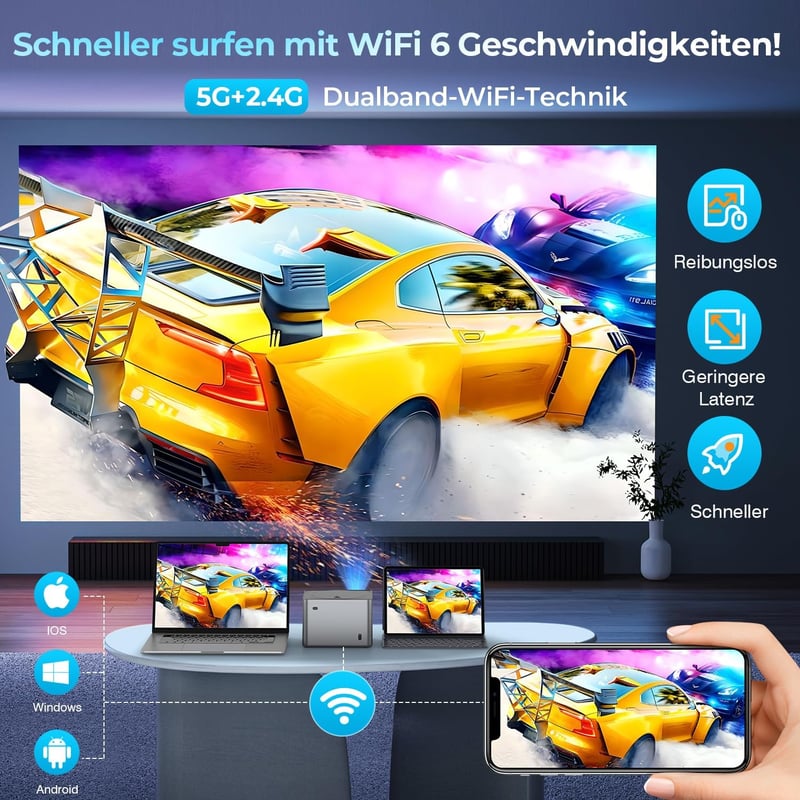 Tasofac 4K Projektor Autofókusz Trapézkorrekció 26000 Lumen WiFi Bluetooth