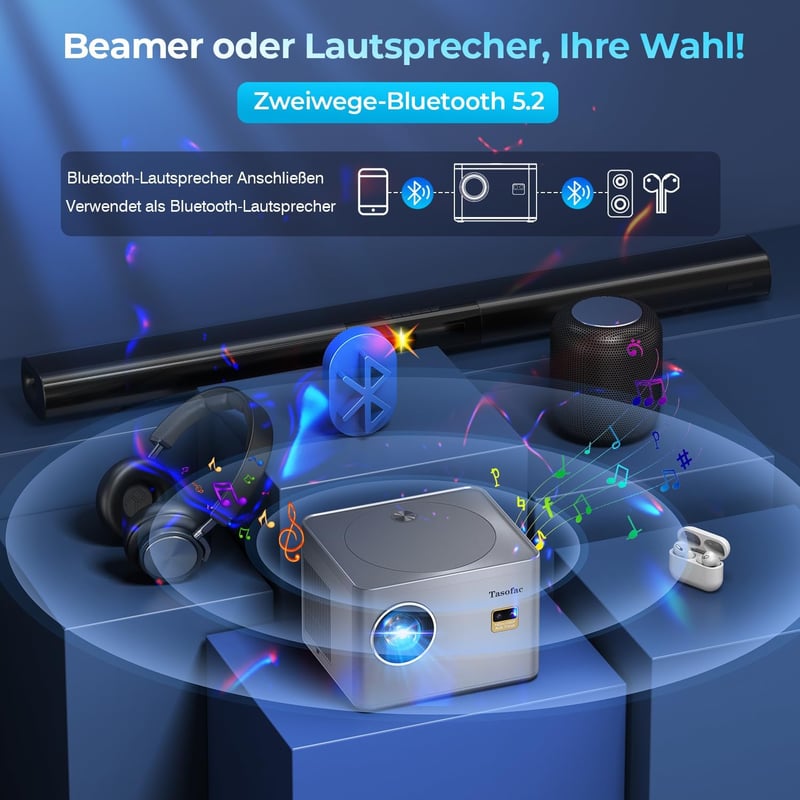 Tasofac 4K Projektor Autofókusz Trapézkorrekció 26000 Lumen WiFi Bluetooth