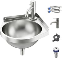 Chiuvetă de colț din oțel inoxidabil Tasofac cu baterie pentru apă caldă și rece, triunghiulară, cu o cuvă, pentru bucătărie, rulotă, baie sau toaletă 1