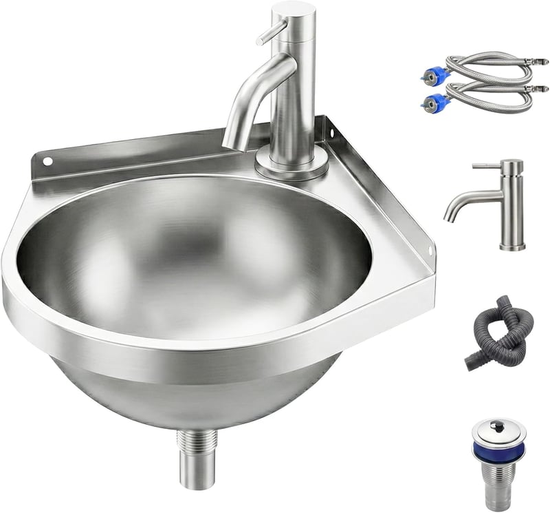 Chiuvetă de colț din oțel inoxidabil Tasofac cu baterie pentru apă caldă și rece, triunghiulară, cu o cuvă, pentru bucătărie, rulotă, baie sau toaletă