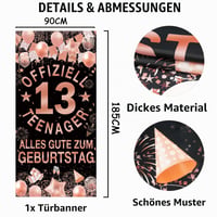 Banner pentru aniversarea de 13 ani Tasoraor pentru fete - Decor de fundal negru cu aur roz pentru ușă, perete, masă, petrecere în grădină, 185 x 90 cm 2