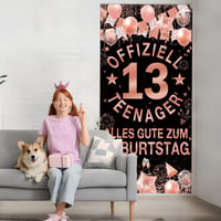 Banner pentru aniversarea de 13 ani Tasoraor pentru fete - Decor de fundal negru cu aur roz pentru ușă, perete, masă, petrecere în grădină, 185 x 90 cm 6