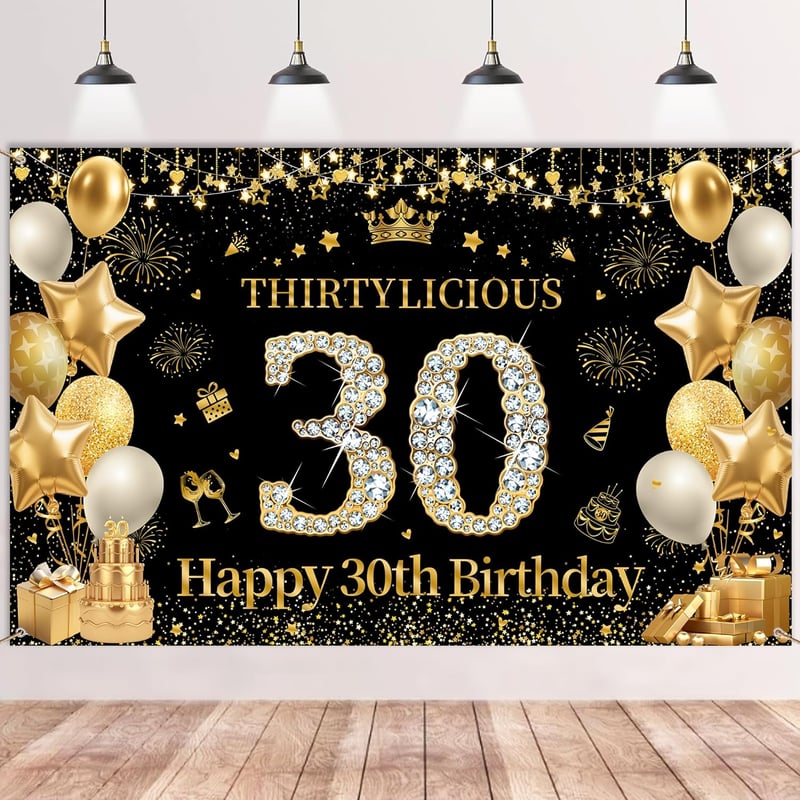 Tasoraor 30. Születésnapi Banner Fekete Arany 180x110 cm Szövet Dekoráció