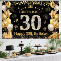 Tasoraor 30. Születésnapi Banner Fekete Arany 180x110 cm Szövet Dekoráció 6