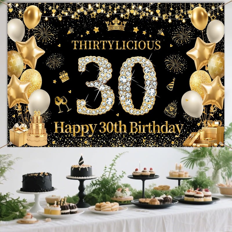 Tasoraor 30. Születésnapi Banner Fekete Arany 180x110 cm Szövet Dekoráció