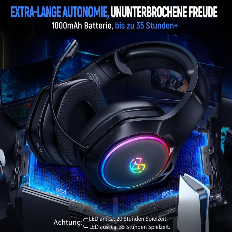 Tatybo Vezeték Nélküli Gamer Fejhallgató Mikrofonnal, 7.1 Surround Hangzás, 35 Órás Akkumulátor, 50mm Meghajtó, Légáteresztő Fülpárnák, PS5 