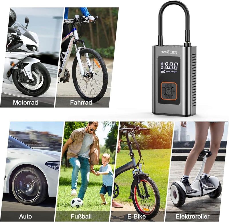 Tavaler 150 PSI Elektromos Kerékpár Pumpa - 2000 mAh Akkumulátoros Kompresszor Autókhoz, Motorokhoz - USB-C Töltés, Beépített Powerbank és L