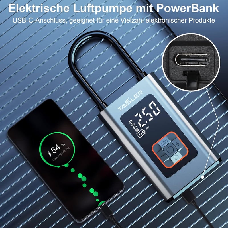 Tavaler 150 PSI Elektromos Kerékpár Pumpa - 2000 mAh Akkumulátoros Kompresszor Autókhoz, Motorokhoz - USB-C Töltés, Beépített Powerbank és L