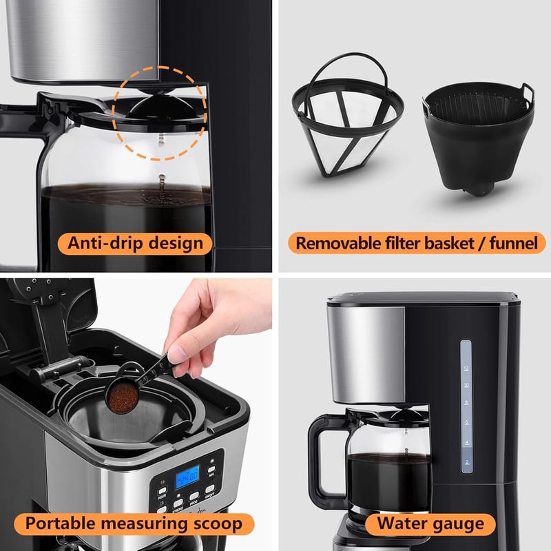 Taylor Swoden Darcy 950W Filteres Kávéfőző, 1,5L Kapacitás, 12 Csészés, Időzítővel, Automata Kikapcsolással, Csepegésgátlóval és Melegen Tar