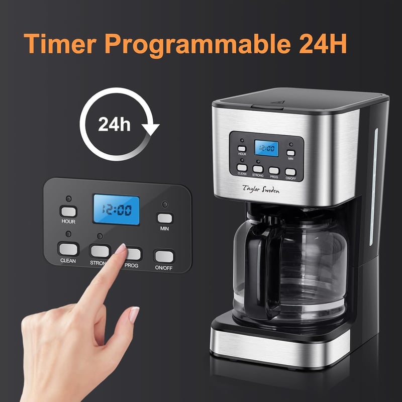 Taylor Swoden Darcy 950W Filteres Kávéfőző, 1,5L Kapacitás, 12 Csészés, Időzítővel, Automata Kikapcsolással, Csepegésgátlóval és Melegen Tar
