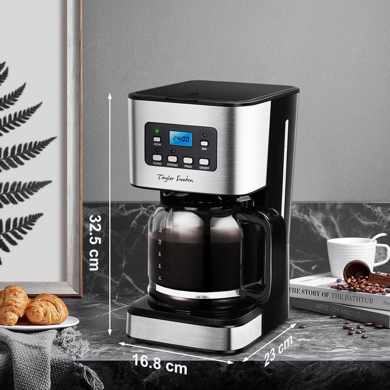 Taylor Swoden Darcy 950W Filteres Kávéfőző, 1,5L Kapacitás, 12 Csészés, Időzítővel, Automata Kikapcsolással, Csepegésgátlóval és Melegen Tar