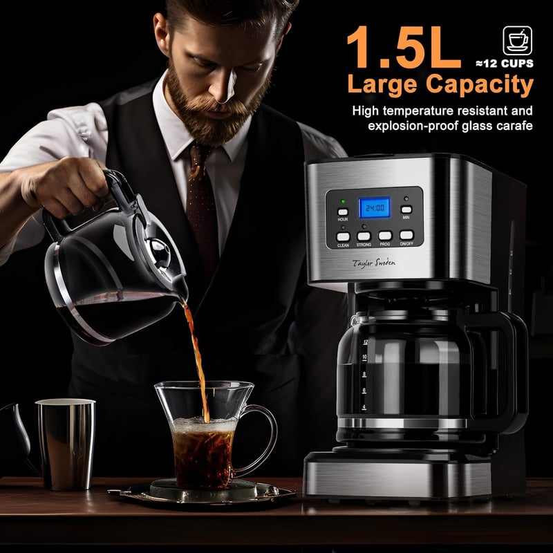 Taylor Swoden Darcy 950W Filteres Kávéfőző, 1,5L Kapacitás, 12 Csészés, Időzítővel, Automata Kikapcsolással, Csepegésgátlóval és Melegen Tar
