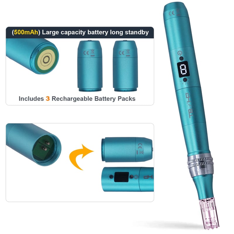 TBPHP P20RL Elektromos Derma Pen LCD Kijelzővel - 8 Sebességfokozat, 25 Cserélhető Tű, Újratölthető Akkumulátor, Kék