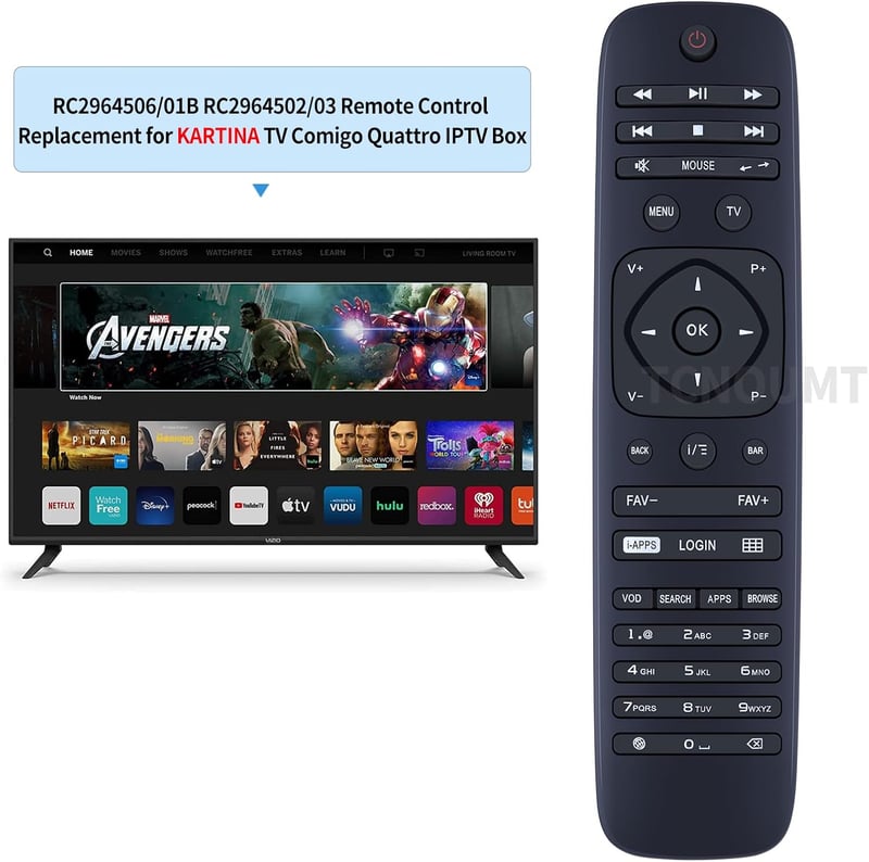 TCNOUMT RC2964506/01B Távirányító KARTINA TV Comigo Quattro IPTV Boksz Helyettesítő Fekete Univerzális Vezérlő