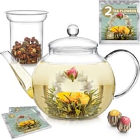Ceainic din sticlă Teabloom cu infuzor detașabil – Rezistent la căldură și utilizabil în cuptorul cu microunde – Include 2 ceaiuri tip floare – Infuzor de ceai de 1,2 litri 1