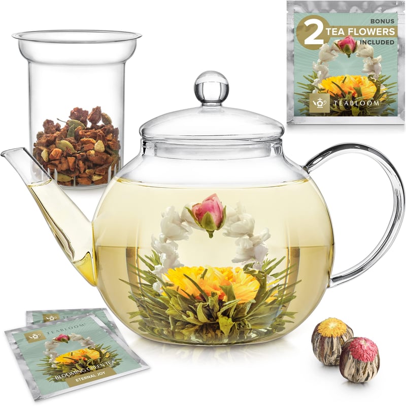 Ceainic din sticlă Teabloom cu infuzor detașabil – Rezistent la căldură și utilizabil în cuptorul cu microunde – Include 2 ceaiuri tip floare – Infuzor de ceai de 1,2 litri