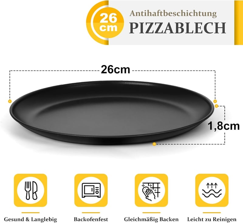 TEAMFAR Pizza Sütőtálca Szett, 4 db Rozsdamentes Acél Kerek Pizzaforma Tapadásmentes Bevonattal, 26 cm Átmérőjű Sütőlap Pizzához