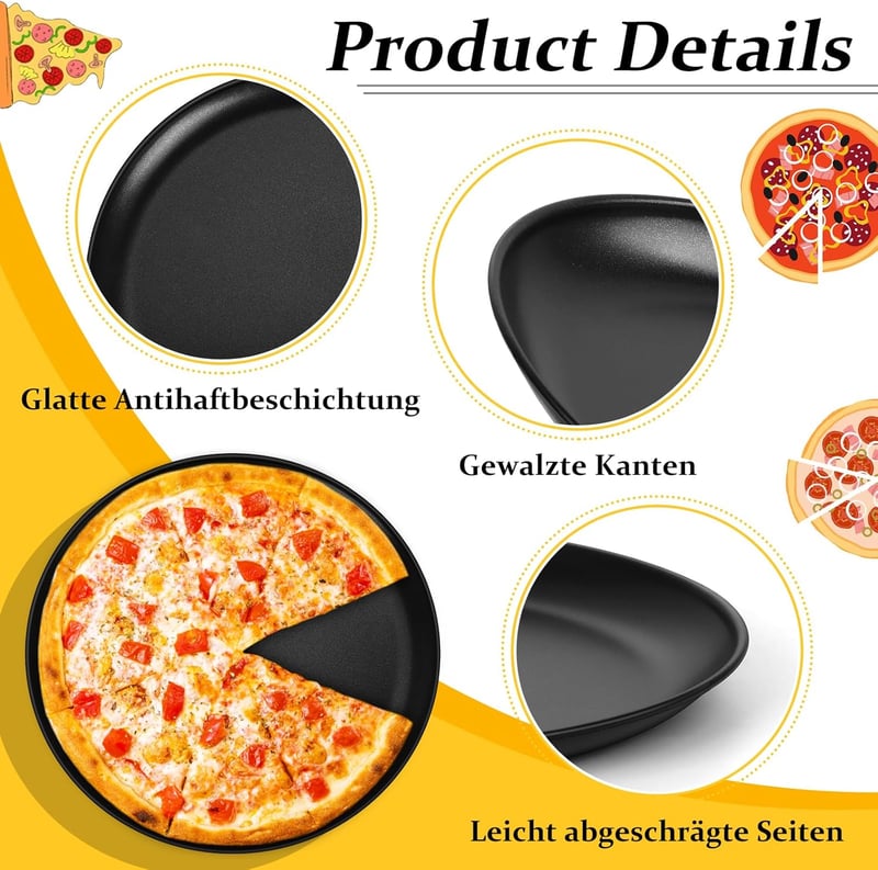 TEAMFAR Pizza Sütőtálca Szett, 4 db Rozsdamentes Acél Kerek Pizzaforma Tapadásmentes Bevonattal, 26 cm Átmérőjű Sütőlap Pizzához
