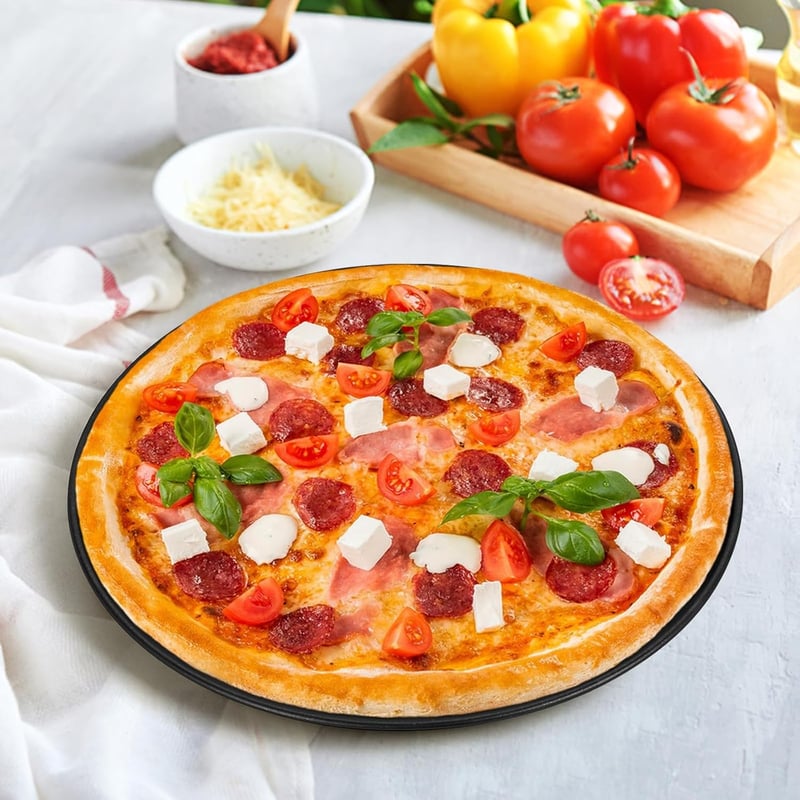 TEAMFAR Pizza Sütőtálca Szett, 4 db Rozsdamentes Acél Kerek Pizzaforma Tapadásmentes Bevonattal, 26 cm Átmérőjű Sütőlap Pizzához