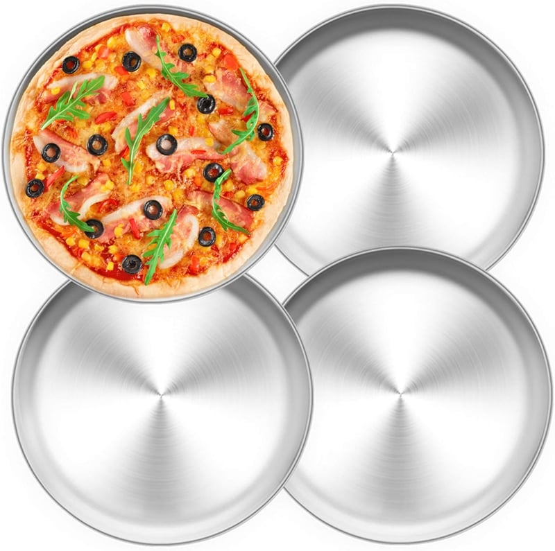TEAMFAR Pizzasütő Tálca Szett, 4 db Rozsdamentes Acél Kerek Sütőforma 26 cm, Mosogatógépben Mosható, Többfunkciós Tepsi Pizzához, Süteményhe