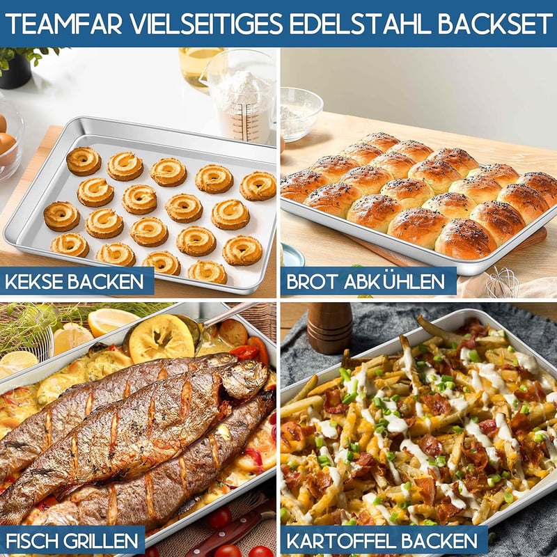 TEAMFAR Rozsdamentes Acél Sütőtálca Hűtőráccsal - Nagy Méretű Tepsi Süteményekhez 40,5x30,5 cm - Vegyszermentes, Mosogatógépben Mosható