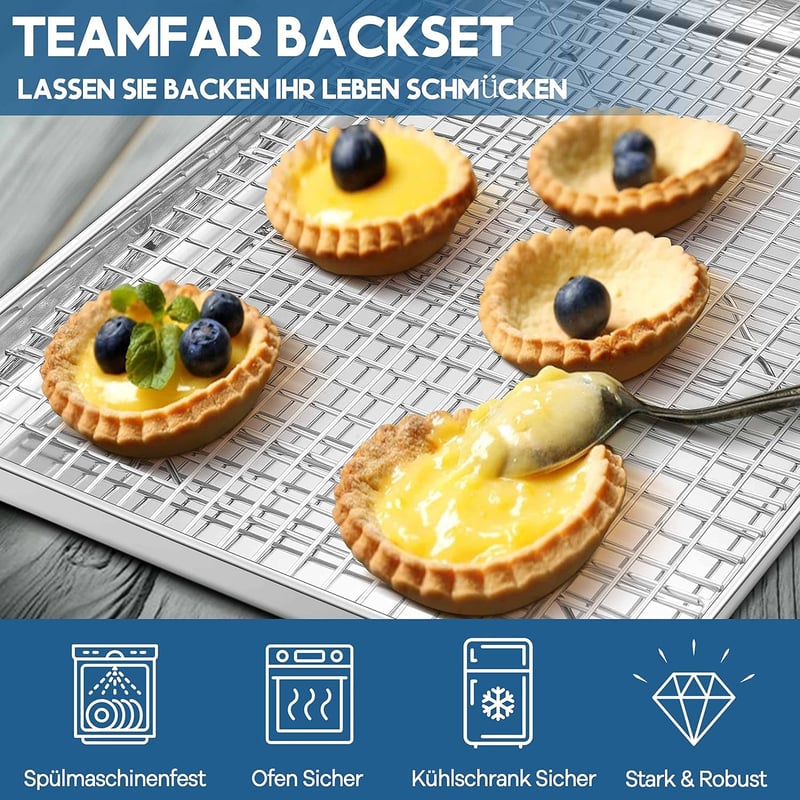 TEAMFAR Rozsdamentes Acél Sütőtálca Hűtőráccsal - Nagy Méretű Tepsi Süteményekhez 40,5x30,5 cm - Vegyszermentes, Mosogatógépben Mosható