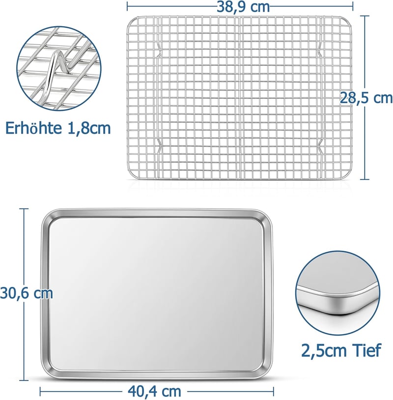 TEAMFAR Rozsdamentes Acél Sütőtálca Hűtőráccsal - Nagy Méretű Tepsi Süteményekhez 40,5x30,5 cm - Vegyszermentes, Mosogatógépben Mosható