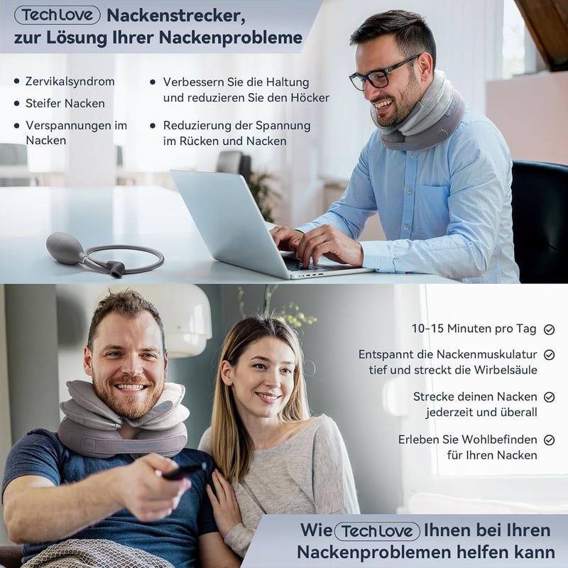 Tech Love Állítható Nyaki Nyújtó Párna - Levehető Pumpával, Nyaki Gerincfájdalom Enyhítésére, Légáteresztő Nyaktámasz Otthoni és Utazási Has