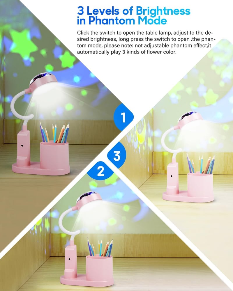 TechKen LED asztali lámpa gyerekeknek, dimmer, töltöthető, csillagvetítő, tolltartó