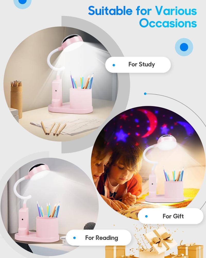 TechKen LED asztali lámpa gyerekeknek, dimmer, töltöthető, csillagvetítő, tolltartó