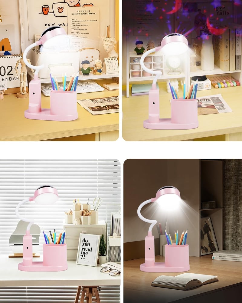 TechKen LED asztali lámpa gyerekeknek, dimmer, töltöthető, csillagvetítő, tolltartó