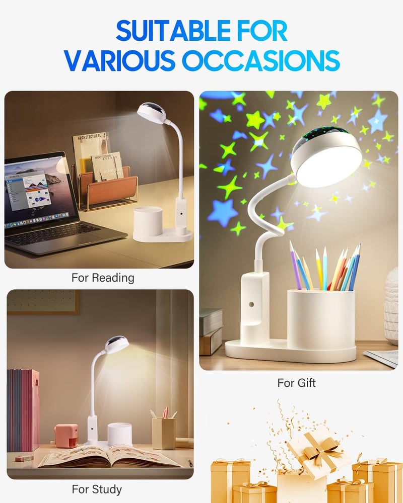 TechKen LED asztali lámpa gyerekeknek, dimmer, töltöthető, csillagvetítő, tolltartó