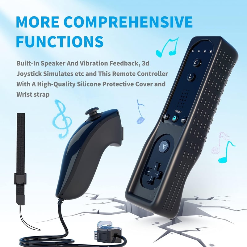 TechKen Wii Kontroller Nunchuck-kal Fekete Fehér Vezeték Nélküli Távirányító