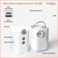 Technaxx Mini akumulátorová vzduchová pumpa Pro TX-299 3600 mAh, nabíjateľná elektrická pumpa s funkciou powerbanky, LED svetlom, 5 tryskami a úložným puzdrom 3